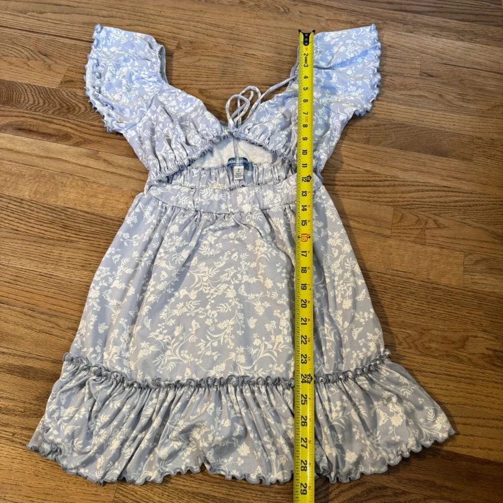 Urban Outfitters Floral‎ Cutout Mini Dress Blue White Tie Front Ruffle Size S